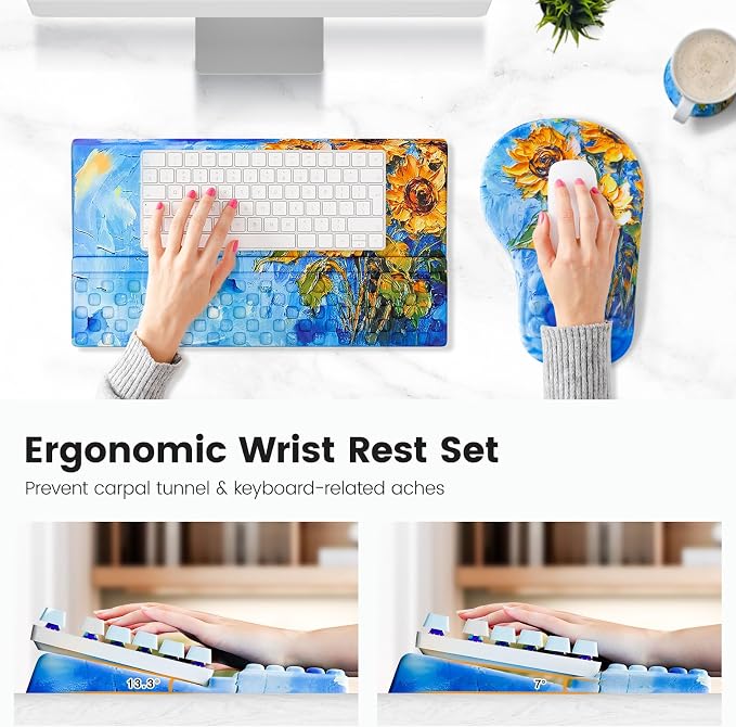 Ospelelf Ergonomic Mouse Pad and Keyboard Stand Wrist Rest Set, Memory Foam Comfort, Pain Relief for Typing, Office Desk Accessories, Sunflower - Image 2