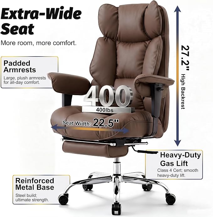 Efomao Executive Office Chair 400lbs,Brown Big and Tall Desk Chair | Mattress-grade pocket spring cushion, sleek leather, 135° recline & footrest for computer gaming setup. - Image 3