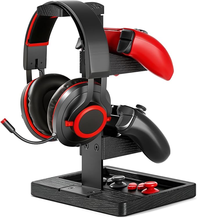 Solid Wood Controller Holder and Headphone Stand, Controller Stand for Desk | Dual Gaming Controller Organizer Rack, Fits Xbox, PS4, PS5, Gamepad, Headset Holder for Son, Husband, Boyfriend-Black by HUMANCOZY