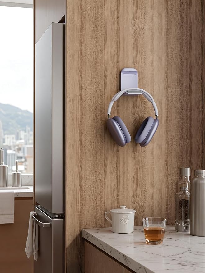 MAMUVIMO Headphone Stand, Headset Stand Foldable ＆ Sticky, Headphone Holder Hook Mount with Non-Slip Silicone, Adhesive Earphone Desk Hanger Clip Space-Saving for Airpods Max, All Earphones- Purple - Image 9