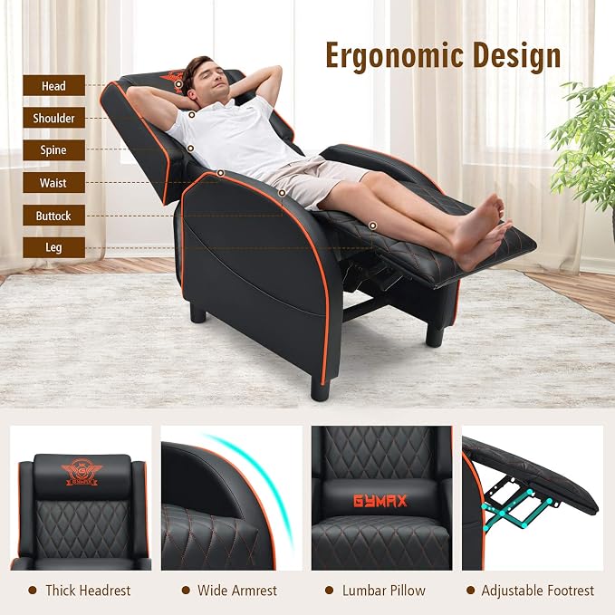 GYMAX Massage Gaming Recliner Chair, Ergonomic Racing Style Single Sofa with Adjustable Headrest, Backrest & Footrest, Home Theater Sofa for Living Room Office (Orange) - Image 7