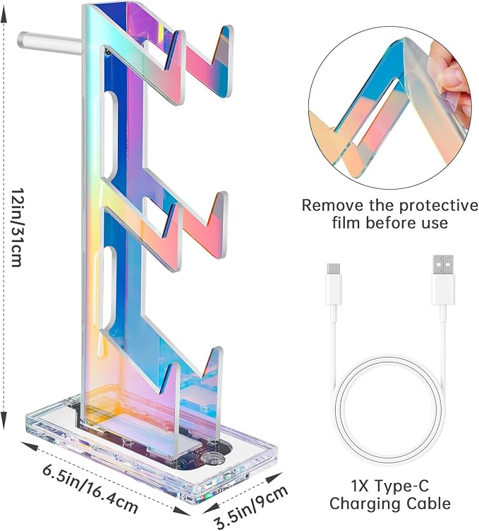 NiHome Controller Holder & Headphone Stand, LED Acrylic 3-Tier Gaming Desk | USB-Powered 7 Colors 3 Modes, Anti-Slip Headset Cable Management, Gamer Gift For PS5 Xbox - Image 7