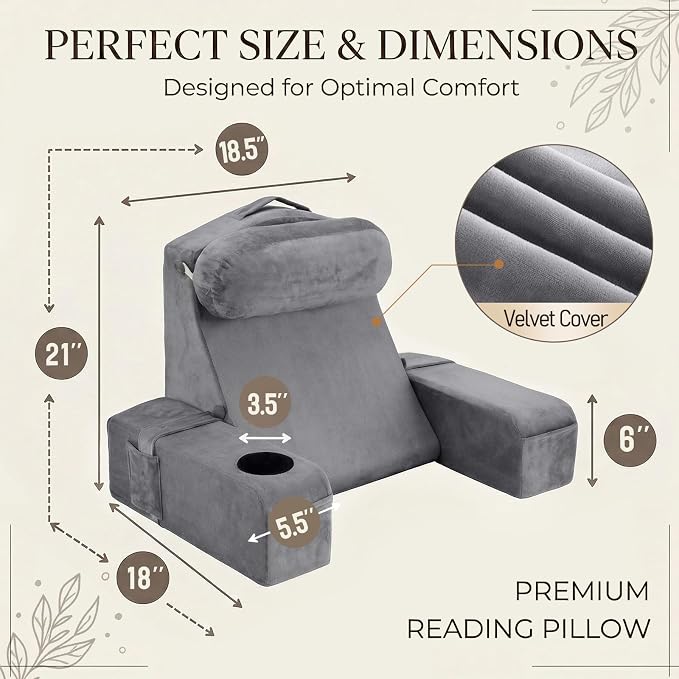 21 INCH Reading Pillow for Adults, Back Pillow for Bed Sitting Up, Backrest Pillow for Sitting in Bed, Detachable Arms with Built-in Cup & Phone Caddy (Gray, 21 INCH) - Image 5