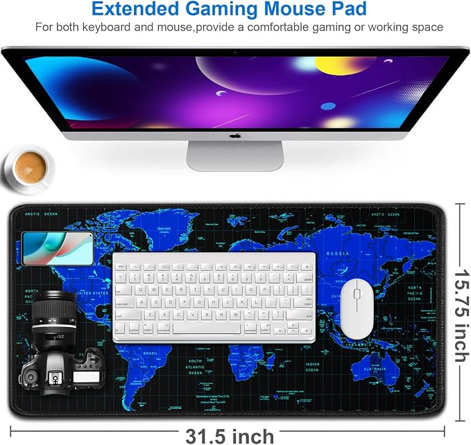 Gaming Mouse Pad, 31.5x15.7 inch Large Extended Computer Keyboard Mouse Mat, Water Resist Non-Slip Mousepad Rubber Base Long XXL Desk Mouse Pad for Work & Gaming, Office & Home, Blue Map - Image 2