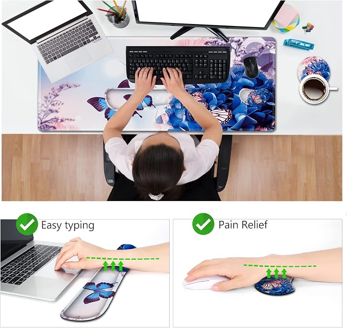 AIMSA Large Gaming Mouse Pad Set, Keyboard Wrist Rest Support Mouse Pad, Ergonomic Memory Foam Multifunctional Extended Desk Mat 35x15.7in Anti-Slip Rubber Base for Office Home, Butterfly Flower - Image 3