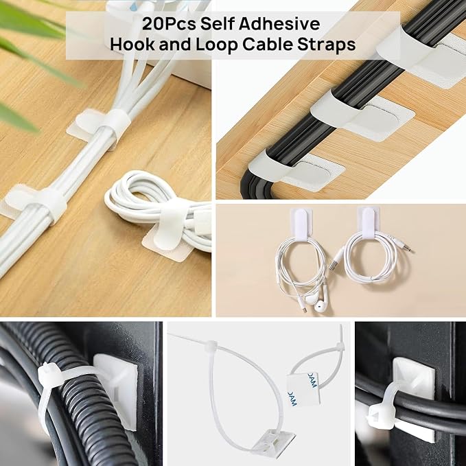 193 PCS Cable Management Kit - 4 Cable Sleeve, 57 Self Adhesive Cable Clips, 12 Hanging Strips, 12 Cable Organizer Straps and 100 Fastening Cable Ties for TV Computer Under Desk (White) - Image 6