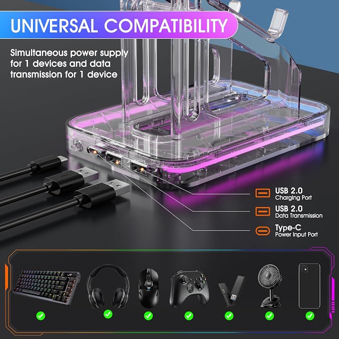 Luckit Gaming Headphones Stand, RGB Headset Stand with 2 USB Charging Ports, Dual Controller Holder with Light Modes, Earphone Hanger Accessories for Desktop Gamer - Image 3