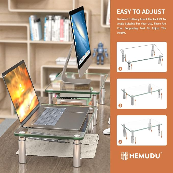 Hemudu 2 Pack Monitor Stand - 3 Adjustable Height Riser, Computer Stand, Desktop Organizer for PC, Laptop - Clear - Image 8