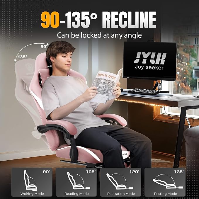 GTPLAYER Gaming Chair with Foot Rest & Pocket Spring Cushion, Breathable Fabric for Home Office Desk, Ergonomic High Back Computer Chair with Headrest & Lumbar Support, Pink - Image 7