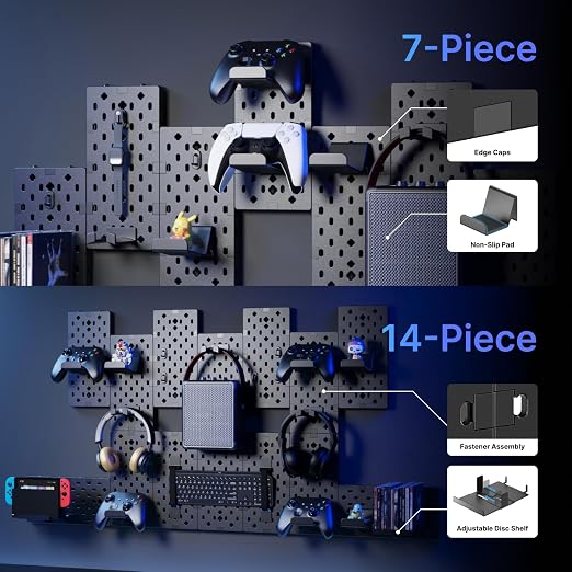 PEGZONE Controller and Headphone Holder Wall Mount, 7pcs, Black | Modular Gaming Pegboard with Accessories, Controller Stand, Disc Shelf Organizer - Image 3