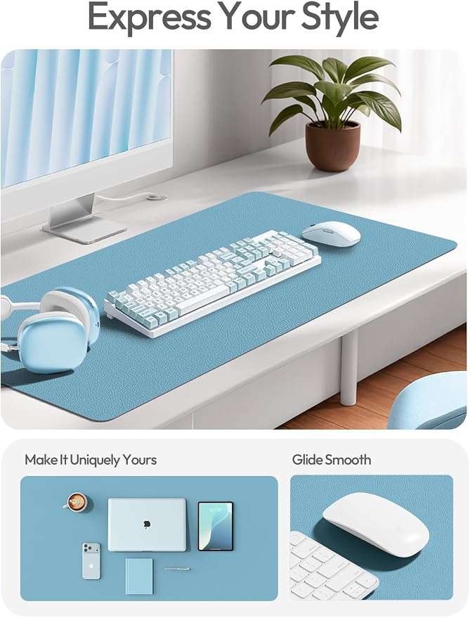 YSAGi Leather Desk Protector, Office Mat, Large Mouse Mat, Non-Slip PU Leather Blotter, Laptop Desk Mat, Waterproof Writing Pad for Office and Home(Sea Blue, 42" x 17.2") - Image 2