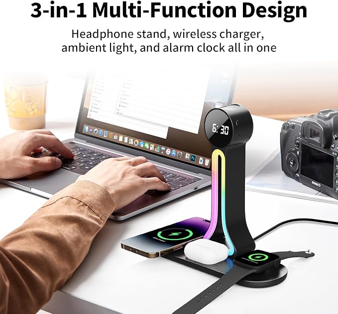 Transform Your Desk – 3-in-1 Wireless Charging Station with Headphone Stand, Dual USB Ports, 15W Fast Charger for Phone/A-irPods/A-pple Watch, RGB Light, LED Alarm Clock – Charge 5 Devices at Once - Image 2