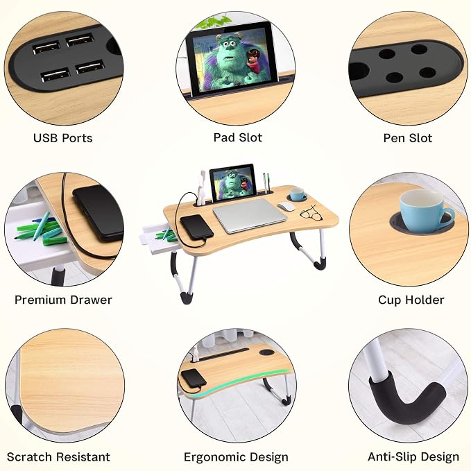 Slendor Bed Desk for Laptop and Writing with Storage, Cup Holder, Light - Image 5