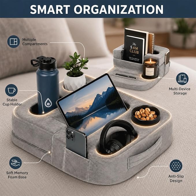 Couch Cup Holder Pillow for Sofa and Bed, 5 Pocket Drink Holder Caddy for Phone, Remote, Tablet and Game Controller, Spill Resistant Cup Holder for Couch, Car, RV and Camping - Image 7