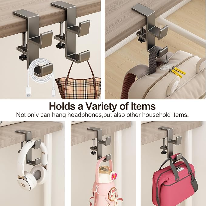 2 Pack Desk Hook for Bag, Purse Hook for Table, Under Desk Handbag Hanger, Aluminum Backpack Holder, Desk Mount Hook for Umbrellas, Headphone, Back to School Supplies, Cream+Gray - Image 7