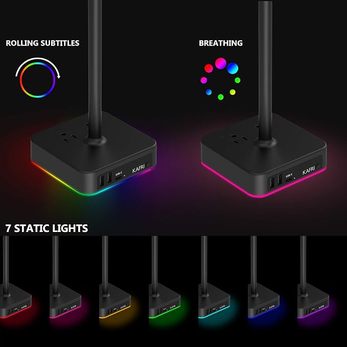 KAFRI RGB Headphone Stand with USB A&C Charger Desk Gaming Headset Holder Hanger Rack with 3 USB Charging Port and 2 Outlet - Suitable for Gamer Desktop Table Game Earphone Accessories Boyfriend Gifts - Image 2