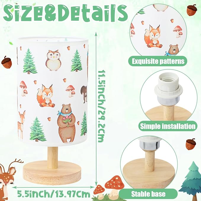Woodland Animals Table Lamp - Woodland Kids Bedside Lamp with Linen Wooden Nightstand Cartoon Nursery Lampshade for Kids Room Decor - Image 2