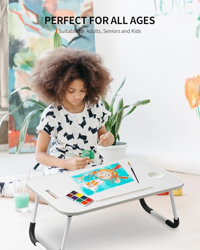 FISYOD Foldable Laptop Table, Portable Lap Desk Bed Table Tray, Laptop Stand with Cup Holder & Tablet Slot & Lifting Handle for Working Writing Drawing & Eating (White) - Image 3