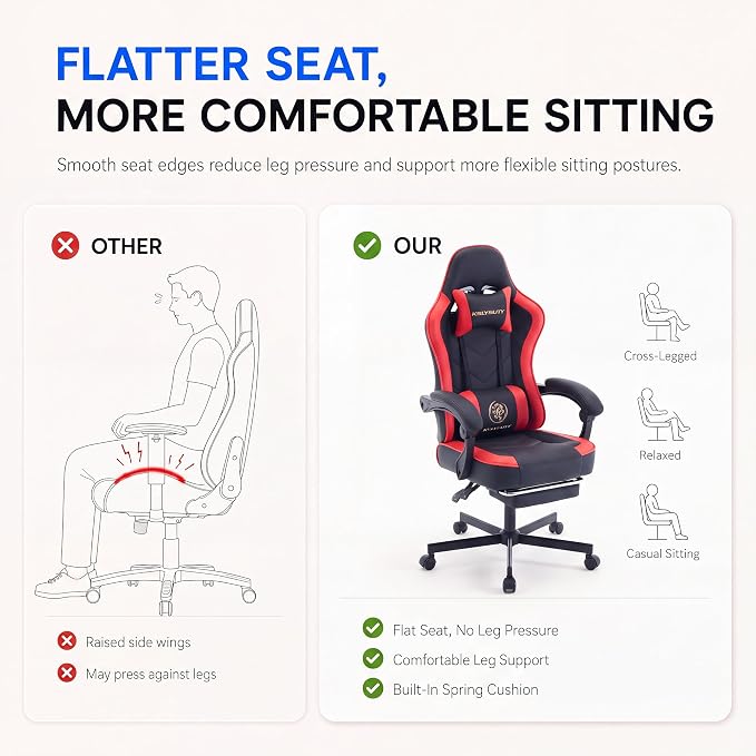 Desk Computer Gaming Chair - High Back Ergonomic Office Chair with Footrest and Lumbar Support, Swivel Comfy Home Gamer Video Game Chairs with Pocket Spring Cushion for Adults (Red Leather) - Image 5
