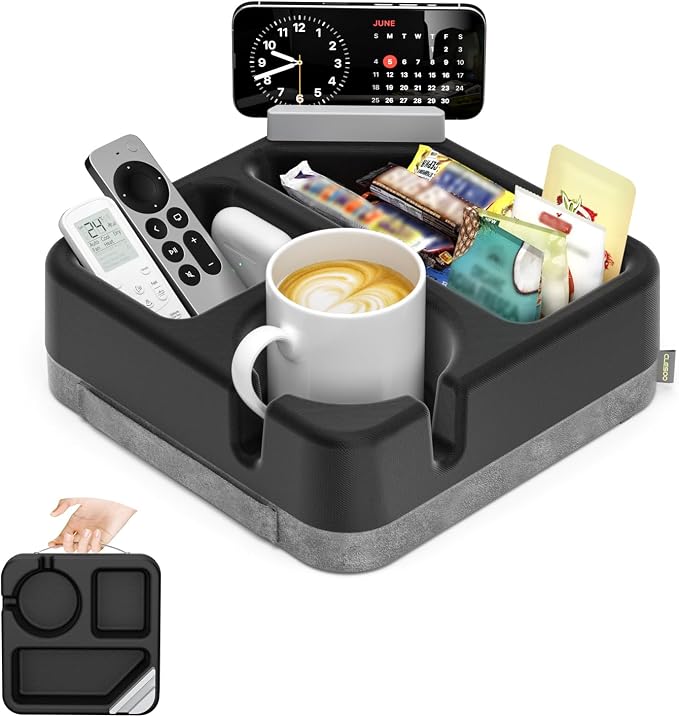 Couch Cup Holder Tray Couch Cup Holder Pillow Soft Sofa Caddy Drink Holder with 3 Compartments &Removable 360°Swivel Phone Stand, Portable Bed Snack Caddy Pillow with Handle for Tablet Controller Grey by CLESOO