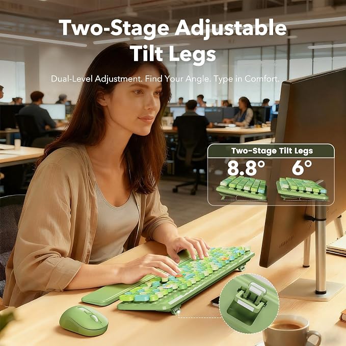 Wireless Keyboard and Mouse Combo, Cute Retro Typewriter Keyboard with Round Keycaps and Magnetic Wrist Rest, Full-Size 2.4GHz Cordless for Mac, Windows PC, Laptop, SABLUTE CK23, Green Multi-Color - Image 4