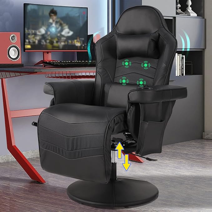 LVUYOYO Reclining Gaming Chair, Gaming Chair with Footrest and Massage, High Back PU Leather Gaming Recliner w/Adjustable Height, Swivel Game Chair with Lumbar Support, Cup Holder, Headrest - Image 7