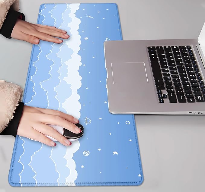 IMAYONDIA Cute Pastel Blue Desk Mat, Aesthetic Stars Moon Desk Pad, Kawaii Anime Deskmat, Gradient White Clouds Computer Pad, Minimalist Large Gaming Mouse Pad Mousepad, 31.5 X 11.8 Inch - Image 7