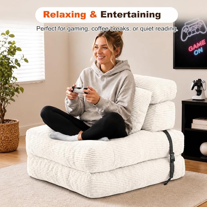 King Oasis Folding Sofa Bed, Corduroy Chair Bed with Pillows | 3-in-1 Fold Out Floor Sofa Couch with Headrest and Lumbar Pillows，for Living Room, Bedroom, Apartment, Dorm, Beige - Image 8