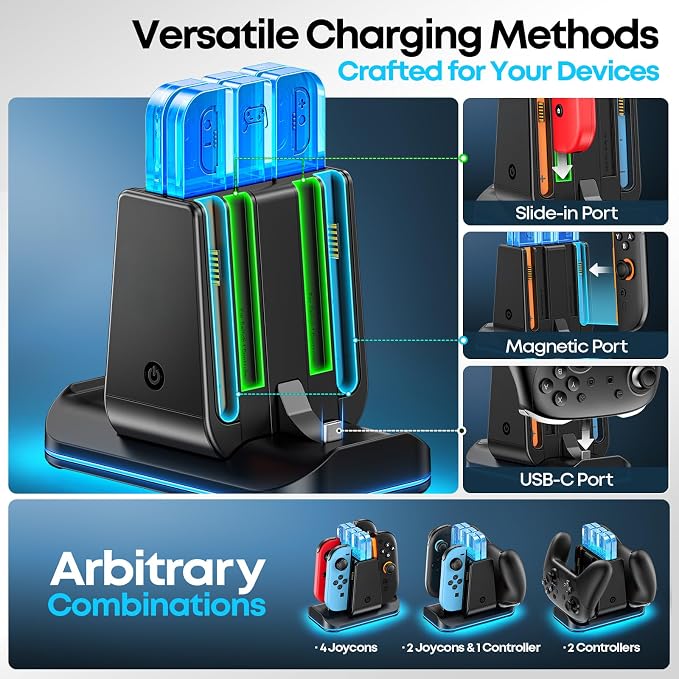Switch 2/1 Compatible Controller Charging Dock, 6-in-1 Charger Station for 4 Joy-Cons & 2 Pro Controllers, 9 RGB Modes Fast Charging Stand for Switch 2 Accessories, with LED Indicator - Image 3