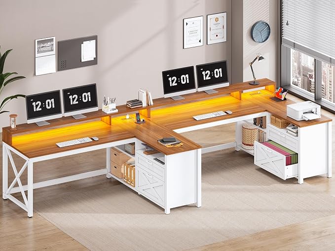 SEDETA Farmhouse L Shaped Desk, 55" Home Office Desk with Drawers and Storage Shelves, L Shaped Gaming Desk with LED Lights, Power Outlet and Monitor Shelf, Brown - Image 3