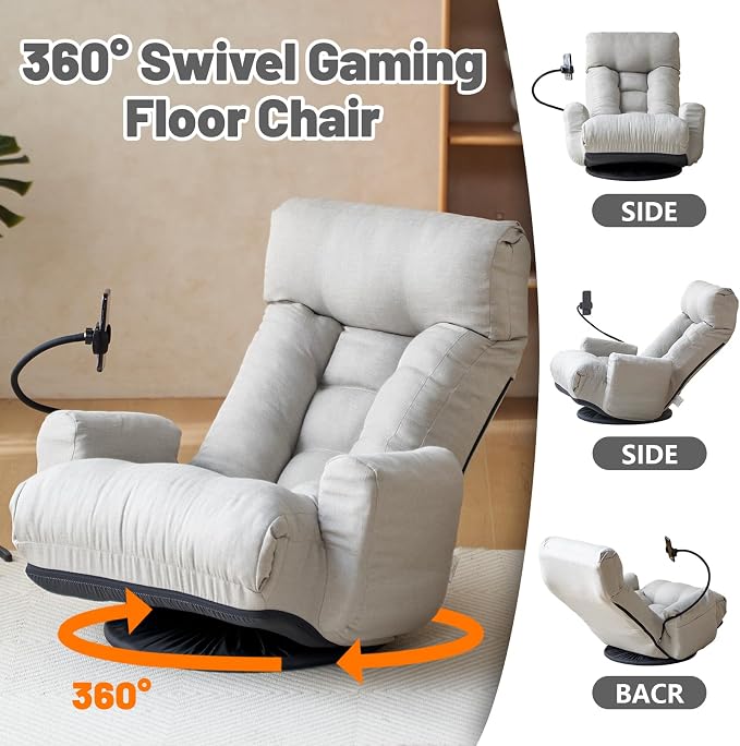 360° Swivel Gaming Floor Chair, 5 Position Adjustable Folding Sofa Chair with Armrests & Phone Holder, Cushion Padded Indoor Chaise Lounge for Adults, Home Office Floor Leisure Chairs, Grey - Image 3