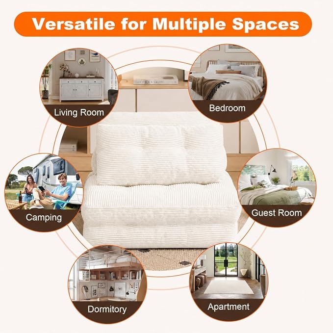 King Oasis Folding Sofa Bed, Corduroy Chair Bed with Pillows | 3-in-1 Fold Out Floor Sofa Couch with Headrest and Lumbar Pillows，for Living Room, Bedroom, Apartment, Dorm, Beige - Image 5