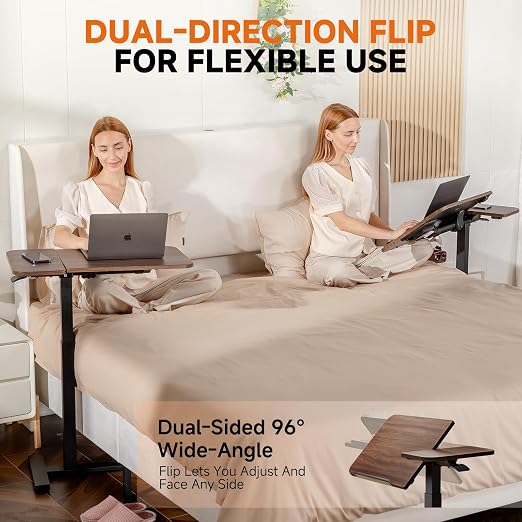 GTPLAYER Overbed Bedside Table with Wheels,Tiltable Hospital Bed Table Over The Bed, Pneumatic Adjustable Rolling Laptop Desk, Mobile Standing Desk for Hospital and Home Use (Walnut) - Image 5