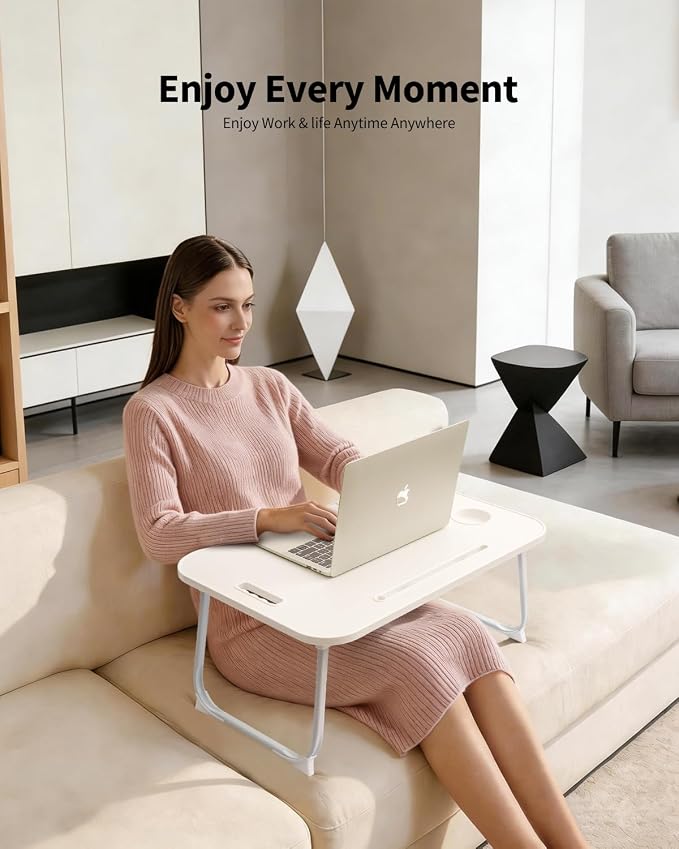 Ruxury Folding Lap Desk Bed Desk Laptop Table Tray, Breakfast Serving Tray, Portable & Lightweight Mini Table for Sofa Couch Floor - White - Image 2