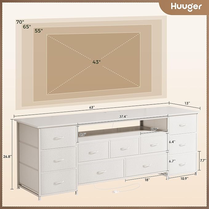 Huuger 63 Inch TV Stand for 65, 70 Inch TV, 11 Drawer Long Dresser with Power Outlets and LED Lights, Entertainment Center with Storage, White Dresser with PU Leather Surface - Image 3