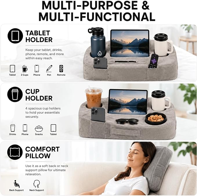 Couch Cup Holder Pillow for Sofa and Bed, 5 Pocket Drink Holder Caddy for Phone, Remote, Tablet and Game Controller, Spill Resistant Cup Holder for Couch, Car, RV and Camping - Image 4