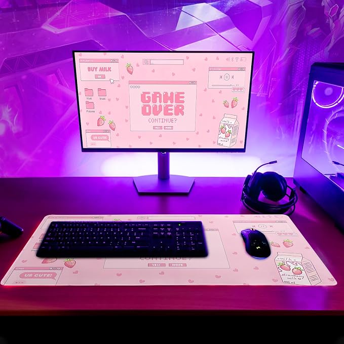 Pink Gaming Mouse Pad 27.6x11.8 Inch Pastel Game Over Large Mousepad Kawaii Office Decor for Women Non-Slip Rubber Base Stitched Edges Keyboard Mouse Mat Desk Pad for Office Home and Game - Image 6