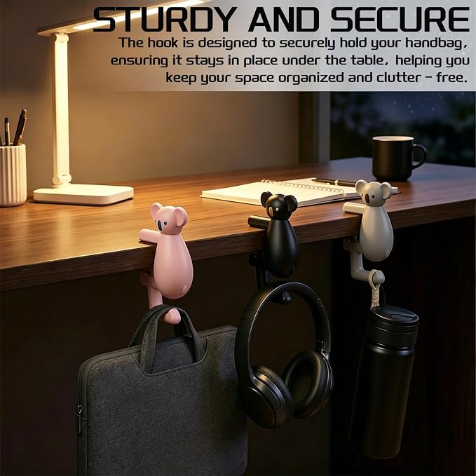 Bear-Shaped Purse Hook for Table 3 Pieces - Under-Table Handbag Hanger, Desk Side Hook, Detachable Bag Holder and Headphone Stand, Space Saving Desk Organizer - Image 5