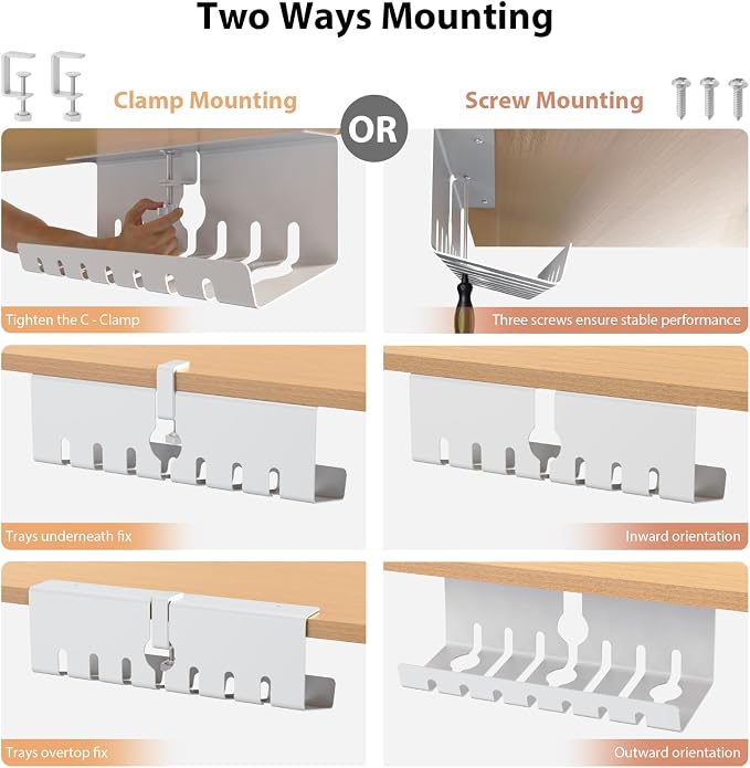 Syeeiex Under Desk Cable Management Tray, Cord Management, White, 17inch - Image 2