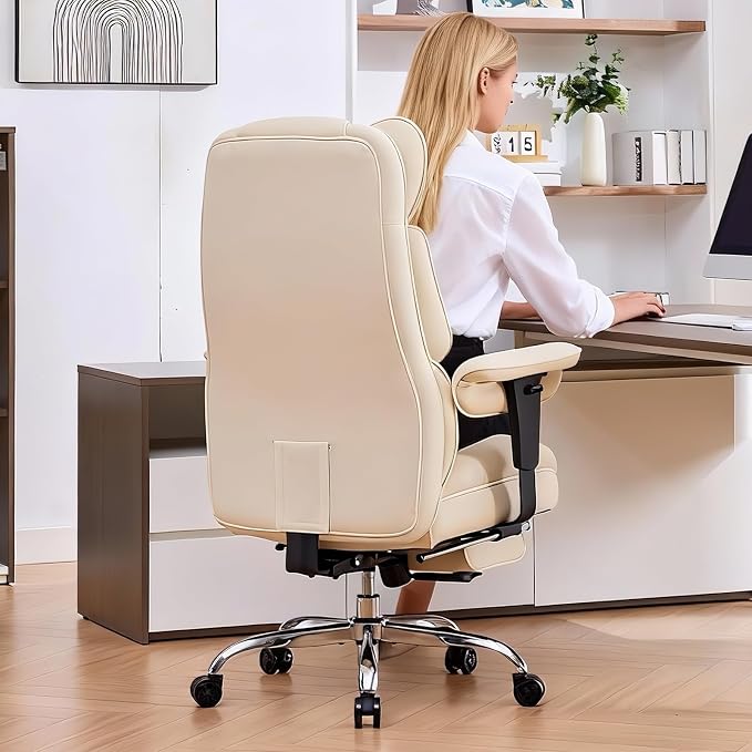 Efomao Executive Office Chair, Beige Fabric Big and Tall Desk Chair | Breathable fabric, pocket spring & foam seat, retractable footrest, 135° recline for computer gaming setup - Image 2