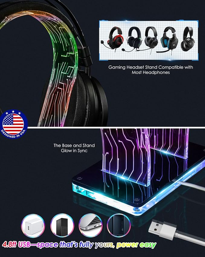 OAPRIRE Acrylic RGB Headphone Stand for Desk with Many Light Modes & Colors | Customizable 213 Lighting Modes & 60,000 Colors, with 4.8ft USB Power Cable, Universal, Sturdy, Gifts for Gamers Men - Image 5