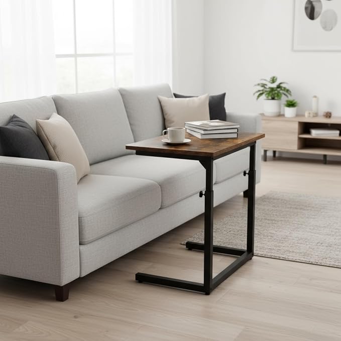 Height Adjustable C-Shaped Sofa Side Table, Laptop Table for Couch & Bed, Rustic Brown - Image 3