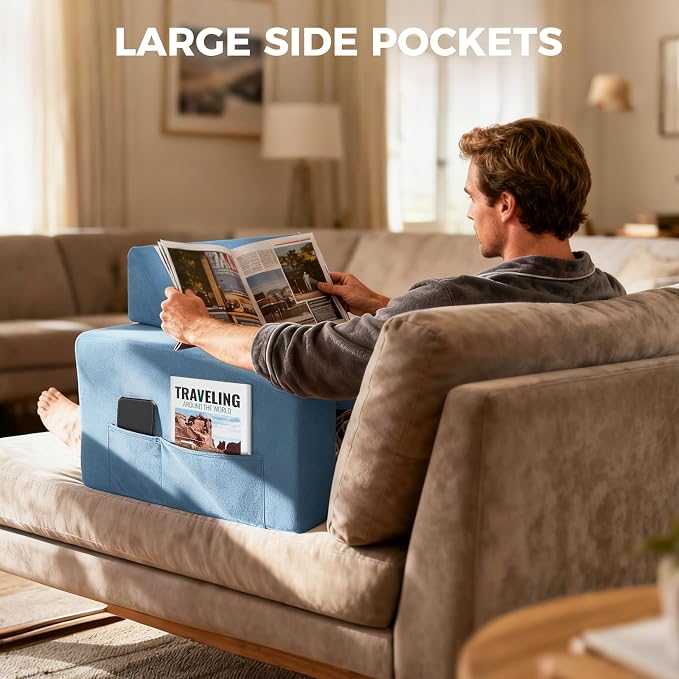 Reading Pillow for Gaming Lap Desk Pillow for Laptop with Pocket Foldable Memory Foam Bed Desk for Reading Working Crocheting Gaming Arm Rest on Bed/Sofa/Floor/Couch/Car (Blue Foldable) - Image 3