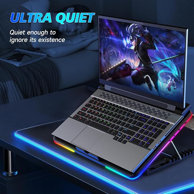 LIANGSTAR Laptop Cooling Pad, Laptop Cooler Gaming 5 Quiet Fans with Large Metal Plate for 12-17.3 Inch Fan Stable Stand, 4 Modes RGB Light, 7 Height & Adjust Speed, 2 USB Port & Phone Holder - Image 5