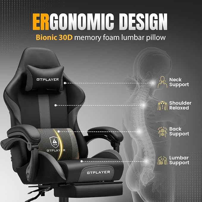 GTPLAYER Gaming Chair with Pocket Spring Cushion, Leather Office Chair with Ergonomic High Back & Lumbar Support for Back Pain Relief, Computer Game Chair for Adults, Gray - Image 5