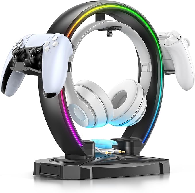 KDD RGB Headphone & Controller Stand with 9 Light Modes - Foldable Controller Hanger for Desk - Earphone Stand with Cable Organizer - for Gamers Desktop Accessories by KDD