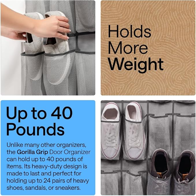 GORILLA GRIP Over the Door Shoe Organizer, 24 Large Pockets, Gray - Image 3