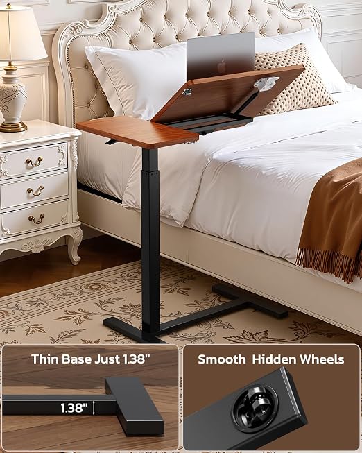 Simple Deluxe Standing Rolling Desk with Hidden Casters, Height Adjustable Pneumatic Mobile Laptop Desk, Tilting Bedside Table for Laptop, Overbed Bedside Table Hospital Home Use, Brown - Image 7