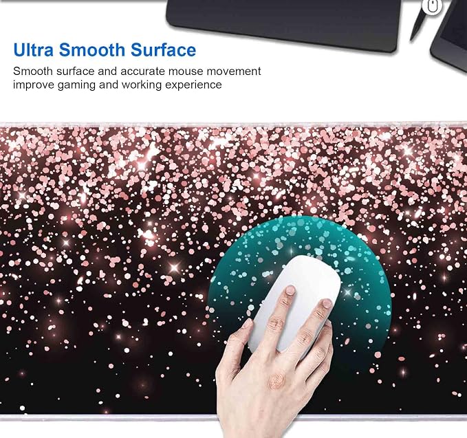 IMAYONDIA Gaming Mouse Pad, Large Non-Slip Rubber Base Mousepad with Stitched Edges, Keyboard Mouse Mat Desk Pad for Work, Game, Office, 31.5x11.8 Inch - Rose Gold Black Glitter Luxury - Image 4