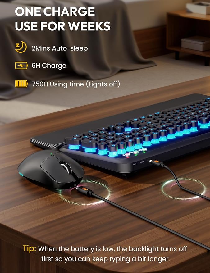 Wireless Keyboard and Mouse, Backlit Typewriter with Magnetic Wrist Rest - Image 6